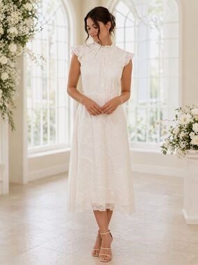 NWOT Susan Leonard Elegant White Lace Midi Dress with Ruffled Neck size small